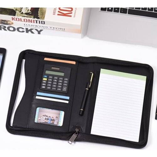 Portable Professional Business Portfolio Folder Document Organizer A5 PU Leather Zippered with Calculator Card Holder Memo