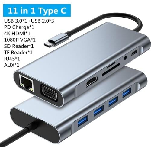 11-in-1 USB C Hub 3.0 Type C Dock Splitter Multiport Adapter 4K HDMI RJ45 SD/TF VGA HDMI PD for Laptop MacBook Pro iPad xiaomi