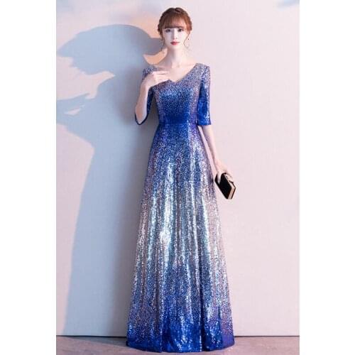 Real Photo Royal Blue Sequins Evening Dress Half Sleeve Special Occasion Dress Islamic Dubai Kaftan Saudi Arabic Prom Dress