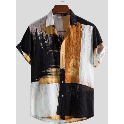 Vintage Button Turn-down Collar Shirts Men Fashion Maple Leaf Printing Cardigan Tops 2021 Summer Short Sleeve Mens Casual Shirt