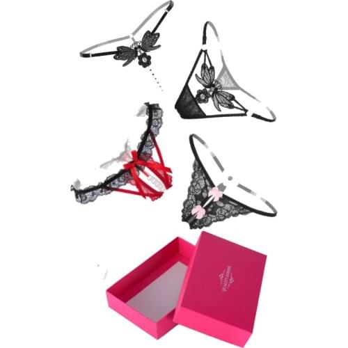 AIIOU 4PCS Sexy Women Erotic Lace G-String Thong Bowknot Low Waist Expose Butt Flowers Butterfly String Thong Underwear with Box