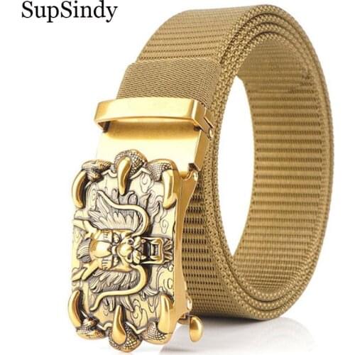 SupSindy Mans nylon belt luxury dragon metal automatic buckle Canvas Belts for men fashion jeans belt outdoor casual male strap