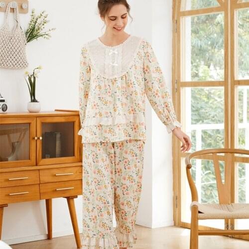 Spring Cotton Long-sleeved Pajamas Princess Lace Flower Trousers Sleepwear Round Neck Pijamas Women Garden 2 Piece Loungewear