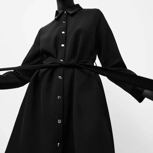 High quality thick black dress long sleeve single breasted sash slim temperament dress professional office formal wear