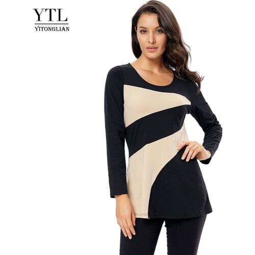 YTL Women Casual Tops New Fashion Long Sleeve Round Neck Colorblocked Patchwork T-Shirt Cotton Tunic Tops H307
