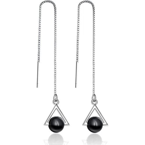 100% 925 sterling silver fashion black rhinestone Triangle ladies'long tassels drop earrings jewelry women gift wholesale