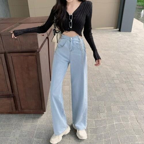 Side Cross Chain Hollow Out Wide-Leg Womens Jeans High Waist Pants Sexy Elegant Ladies Europe Fashion Jeans Punk Style