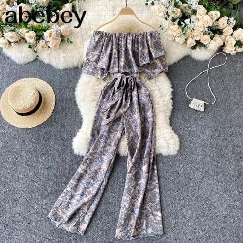 Women Retro Print Jumpsuits Korean Sexy Slash Neck Short Sleeve Lace Up Rompers Summer Off Shoulder Boho Long Rompers