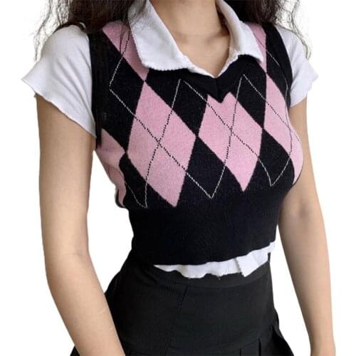 Women Sweater Vest Rhombus Plaid Pattern V Neck College Style Sleeveless Contrast Color Knitted Pullover Top for Daily Wear
