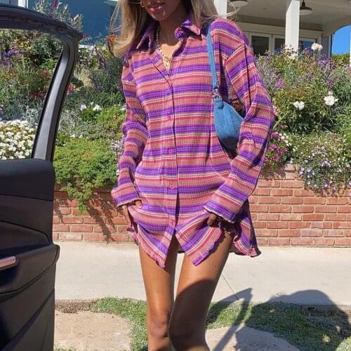 Chic Women Striped Print Purple Shirt Dress Oversized V Neck Long Sleeve Spring Summer Y2K Vintage Short Dresses Streetwear