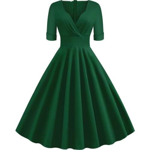 Elegant Office Lady A Line Dress Green Sexy V Neck Short Sleeve Retro Rockabilly Swing Dress Elegant Women Cotton Vintage Dress