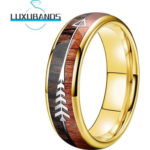 Gold Wedding Bands For Men Women 6MM Tungsten Carbide Rings Double Wood Arrows Inlay Polished Finished Comfort Fit