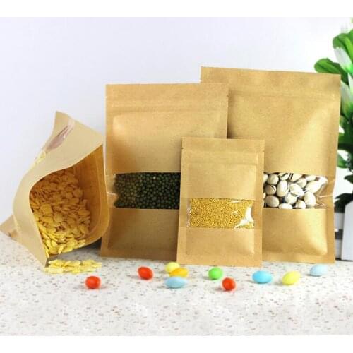 100 Pcs Kraft Paper Food Bag with Zip Lock, Reusable Sealing Bag Pouch with Clear Window for Storing Cookie Dried Food Snack