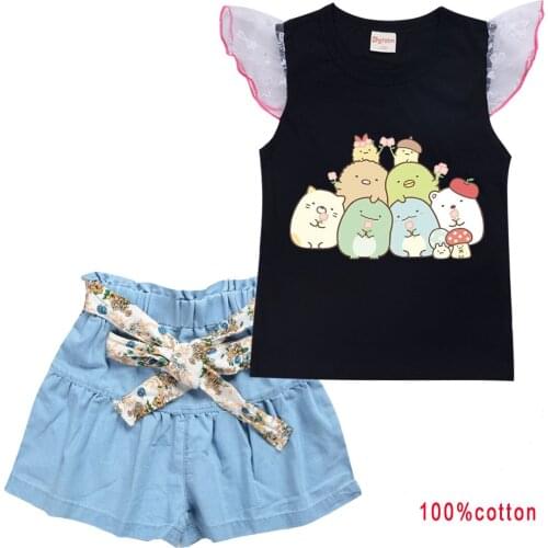 Baby Girls Clothing Set Children Sumikkogurashi Clothes Kids Cotton T-shirt Denims Casual Shorts 2pcs Sets New Fashion Clothing