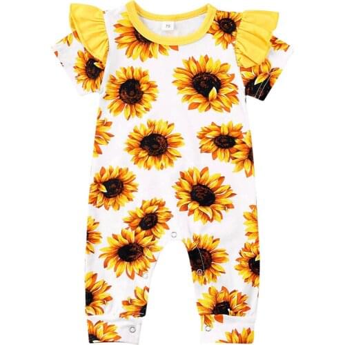 0-18M Newly Summer Infant Girls Boys Rompers Headband 2pcs Sunflowers Print Short Sleeve Jumpsuits Clothes