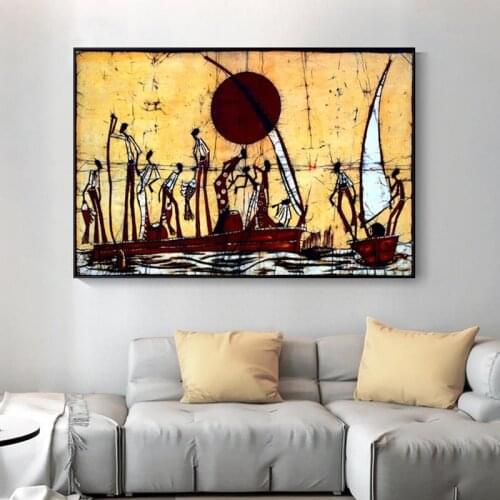Abstract African Figure Sailboat Landscape Oil Painting on Canvas Posters and Prints Cuadros Art Wall Picture for Living Room