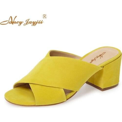 Yellow Pink Flock Square High Heels Suede Ladies Shoes Sexy Open Toe Cross Slippers Summer 2021 Sandals Casual Shoes Women