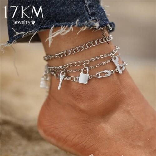Punk Multilayer Silver Color Lock Key Anklets For Women Thick Chain Paper Clip Ankle Bracelet Foot Chain Anklets Jewelry