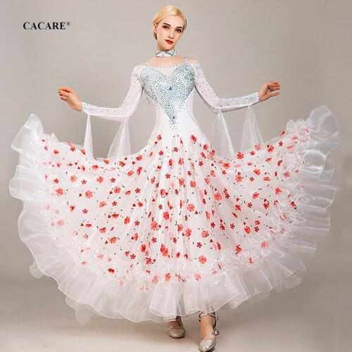 CACARE Ballroom Dance Competition Dresses Tango Waltz Dress Flamenco Standard Dance Dresses D0796 with Rhinestones Big Sheer Hem