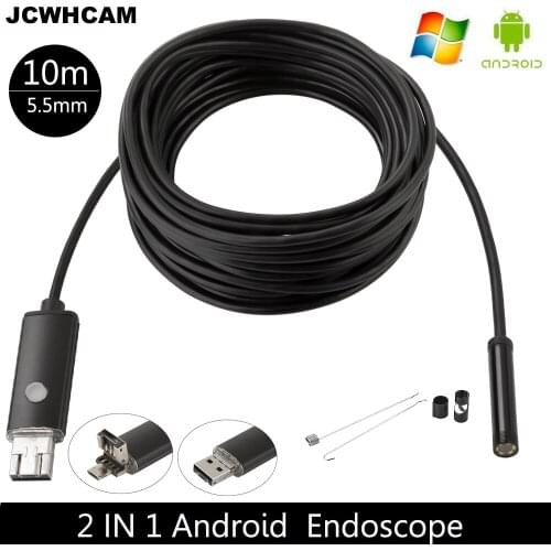 JCWHCAM 6LEDs 5.5MM USB Endoscope Borescope Snake Inspection Pipe Tube Video MINI Camera IP67 Waterproof With 10M Flexible Cable