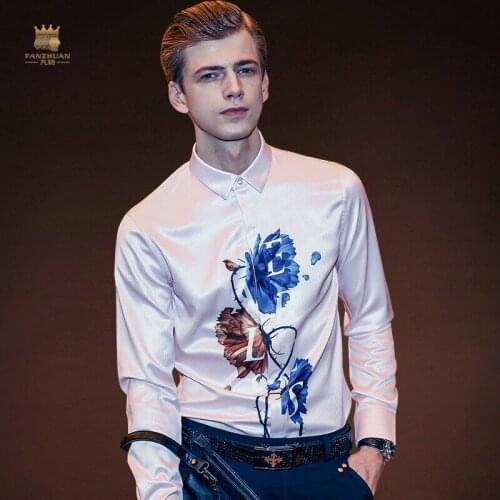 FanZhuan Free Shipping New mens man fashion casual male long sleeved 2017 collar shirt 712008 simple slim printed white flower