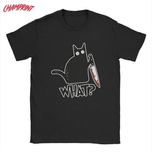 Mens T-Shirts Cat What Murderous Black Cat With Knife Gift Cotton Tee Shirt Short Sleeve Fun T Shirts O Neck Clothing Printed