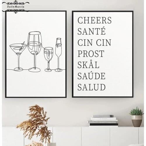 Glasses One Line Geometric Art Poster Minimalist Words Drawing Wall Art Canvas Painting Modular Pictures for Bar Kitchen Decor