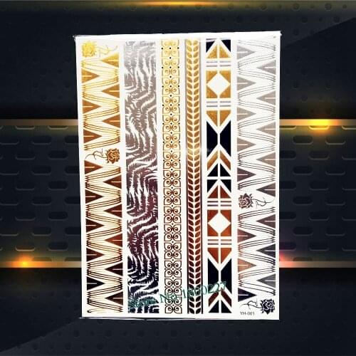 1PC Hot Flash Gold Metallic Tattoo Indian Bracelet Rose Wave Forest Choker Design Waterproof Fake Temporary Tattoo Sticker PYH01