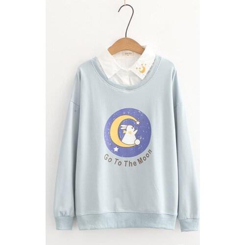 Kawaii Fashion Anime Women Pink Hoodie Vintage Collar Cute Bunny Print Sweatshirt Harajuku Long Sleeve Casual Teen Girl Pullover