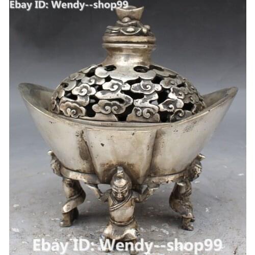 7" Chinese Silver 4 Man Lift Wealth Yuanbao Money Censer Incense Burner Statue copper Decoration real Brassroom Art Statue