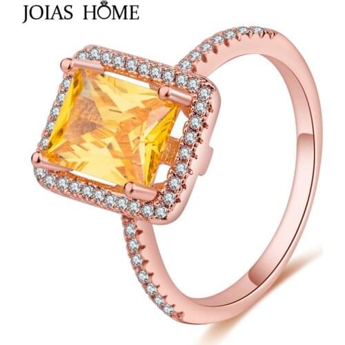 JoiasHome 925 Sterling Silver Ring Korean Fashion Rose Gold Inlaid Champagne Square Gemstone Engagement Ring