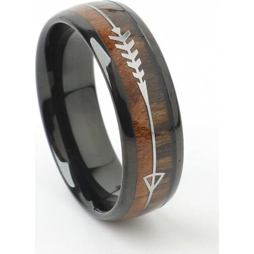 8mm Black Natural Wood & Arrow Design Tungsten Ring For Mens Wedding Band Engagement Ring Dome Style Size 6-13 Available