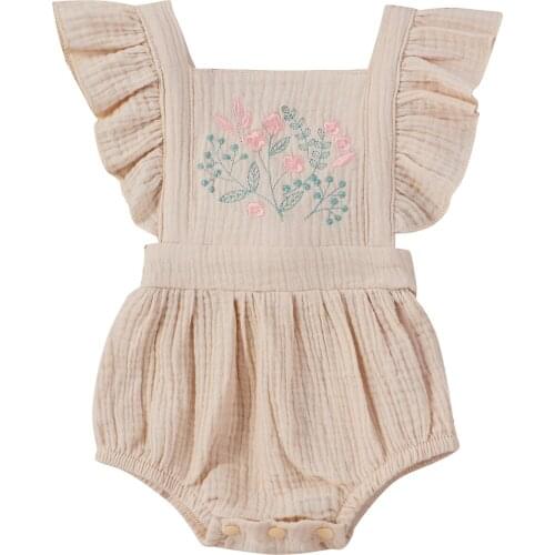 Newborn Baby Girl Cotton Linen Romper Summer Ruffles Fly Sleeve Floral Embroidery Jumpsuit Backless Lace Up Playsuit Baby 0-18M