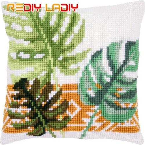 Cross Stitch Cushion Cover Summer Leaves Pillow Case Pre-Printed Canvas Acrylic Thick Yarn Arts Cross-stitch Needlepoint Kits
