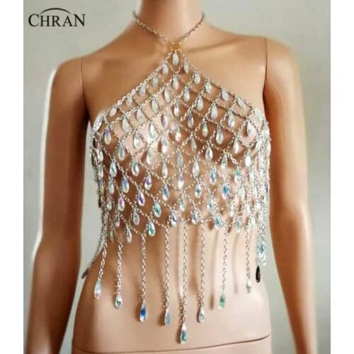 Chran AB Irridescent Gem Bead Crop Top Chainmail Bra Halter Necklace Pendant Burning Man Body Lingerie EDC Outfit Jewelry CRG104