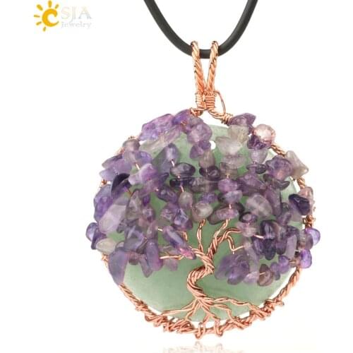 CSJA Natural Cabochon Stone Tree of Life Pendant Rose Gold Color Wire Wrap Chip Bead Wisdom Tree Healing Women Men Necklace G193