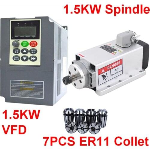 1.5KW 220V Square Spindle Motor Air Cooled 4 Bearings +1.5kw VFD inverter + ER11 Collet kit for CNC Engraving Router Woodworking