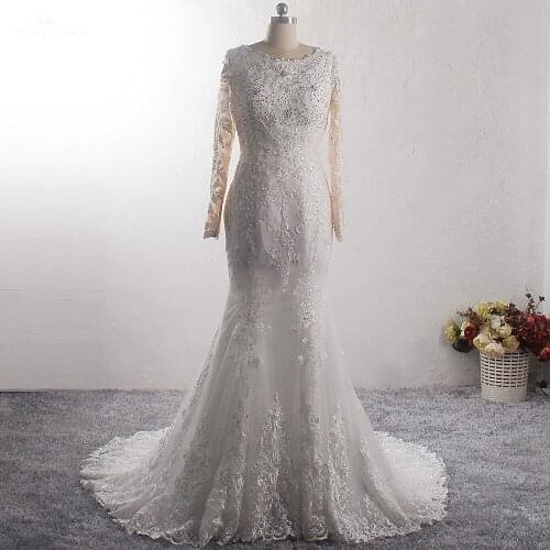 LZ401 Fashion Muslim Long Sleeve Wedding Dress African Crystal Bridal Dress