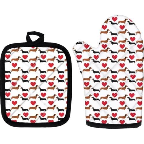Cartoon Dachshund Dog Print Oven Mitts And Pot Holders Sets Insulated Oven Glove Mat 2Pcs For Microwave Oven Scald-Proof Gloves