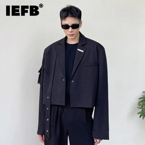 IEFB Mens Design Mens Clothing Metal Decoration Short Suit Jacket Personality Handsome Ribbon Long Sleeve Black Blazer 9Y9347