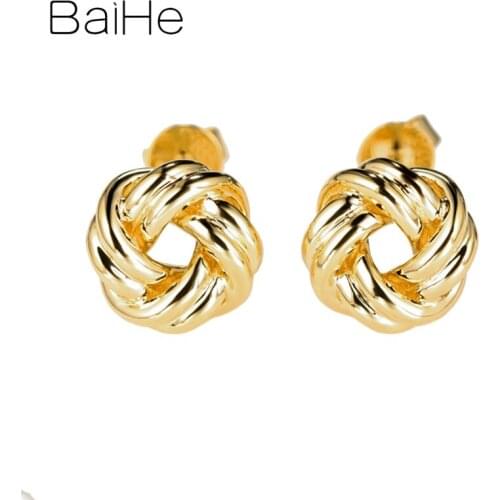 BAIHE Solid 14K Yellow Gold flower Earrings Engagement Earring Trendy Fine Jewelry Gift Real gold Stud Earrings for Women