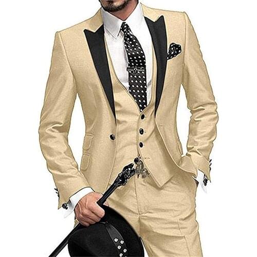 Men Suits Casual 3 Pieces Business Groomsmen Grey White Champagne Lapel Tuxedos for Formal Wedding(Blazer+Pants+Vest)