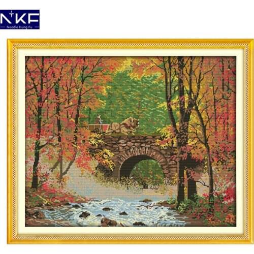 NKF The Bridge of Autumn Chinese Cross Stitch Pattern Painting Needlework Embroidery Scenery Cross Stitch Kit for Home Decor