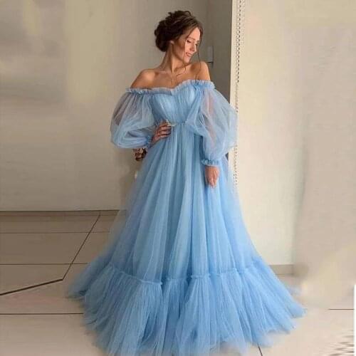 Sky Blue Prom Dresses Long Sleeve Off the Shoulder Princess Dress 2021 Pleat Tulle Formal Evening Party Dresses Plus Size