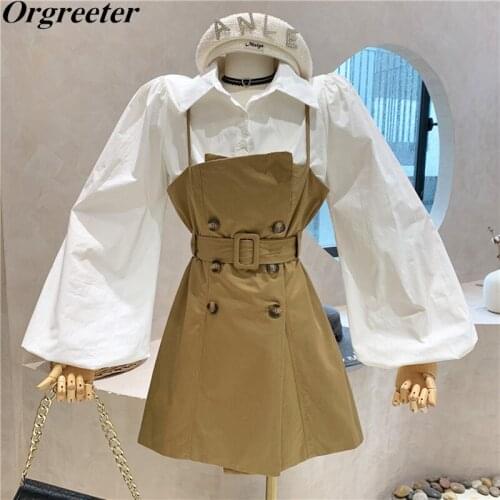 Korean New Bubble Long-sleeved White Shirt + Double-breasted Slim Tooling Strapless Dress Two piece set Women Crop Top Sets