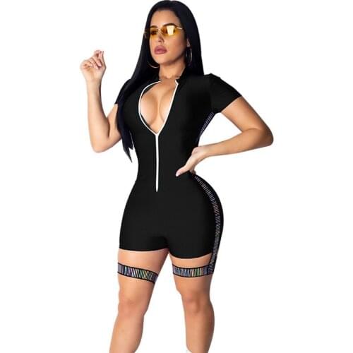 New Sexy Summer Rompers Women Bodycon Jumpsuit Shorts Overalls Zipper Front Fitness Playsuits Club Wear One Piece Outfits Female