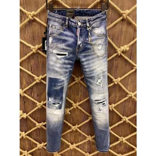 New Mens Skinny Jeans With Ripped Holes And elastic Paint Spray Beggar Pants 9815