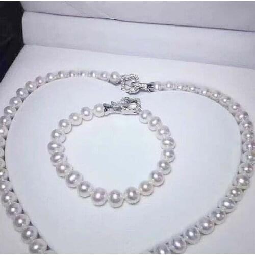 Charming AAA 8-9mm natural white round pearl necklace 18" bracelet 8" set