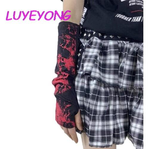 Wholesale Dark Lolita Lady Gothic Fingerless Elbow Length Red Gloves Ninja Street Hip-hop Mittens Women Punk Cool Tie Dye Glove