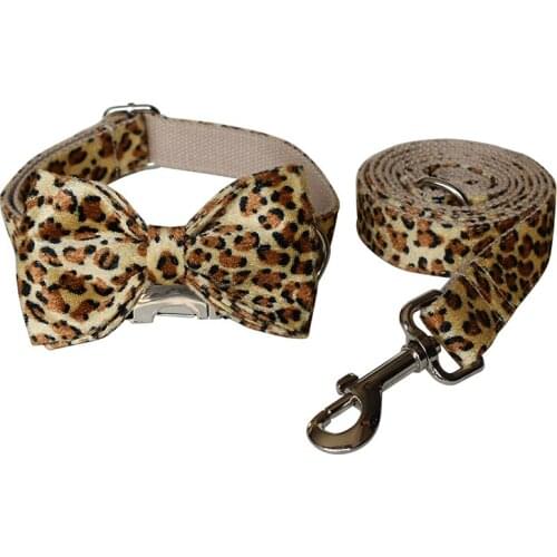 Leopard Color Dog Collar Personalized Engraved ID Name Reflective Nylon Customized Dog Collar Leash Set Id Name Phone Number Tag